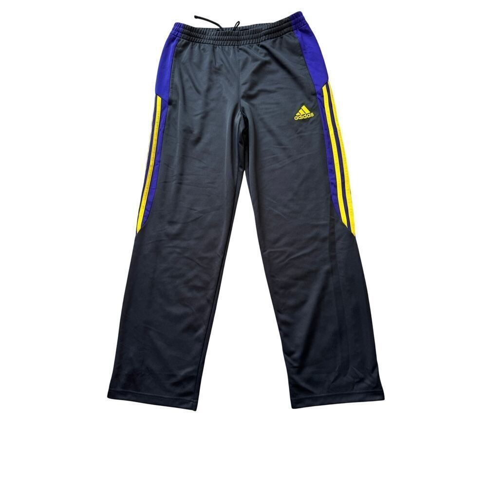 Adidas warm up track pants, Black, Purple & Yellow on sides; zippered bottoms